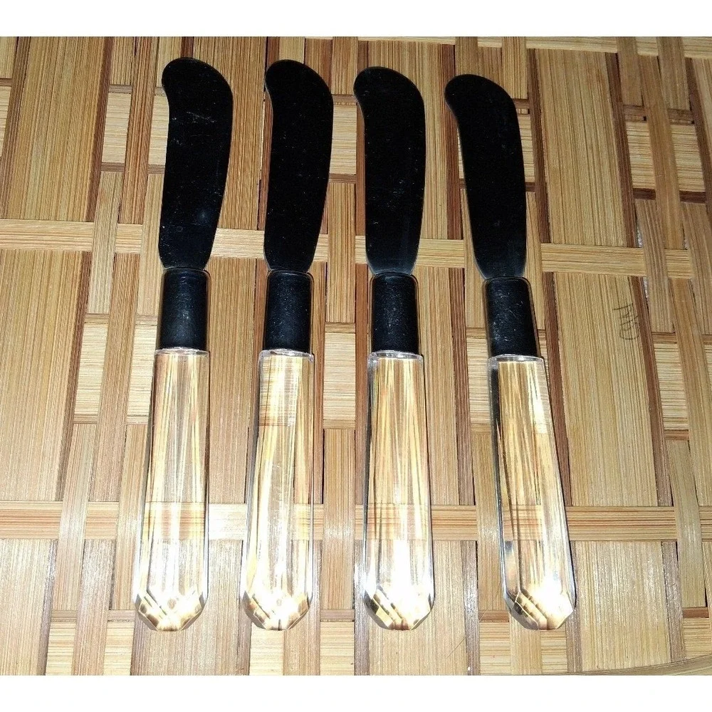 Vintage MCM Lucite Style Spreader Knives Set of 4 clear Acrylic Handles Stainles